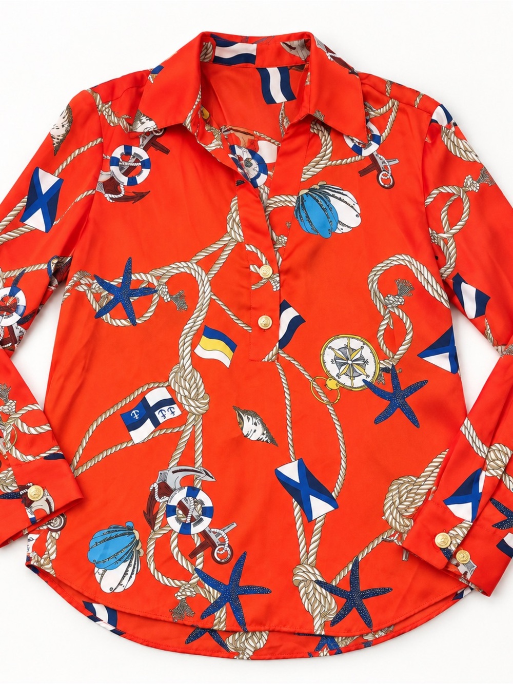 Zara NWT Orange Nautical Print Button-Down Blouse Size M